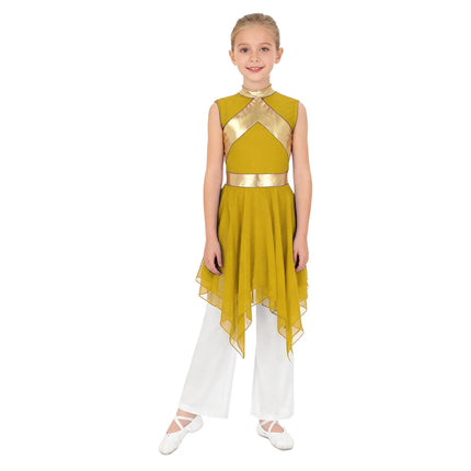 Kids Girl Worship Praise Dance Outfit Metallic Contrast Color Sleeveless Asymmetrical Hem Dress+Wide-Leg Pants for Church Events