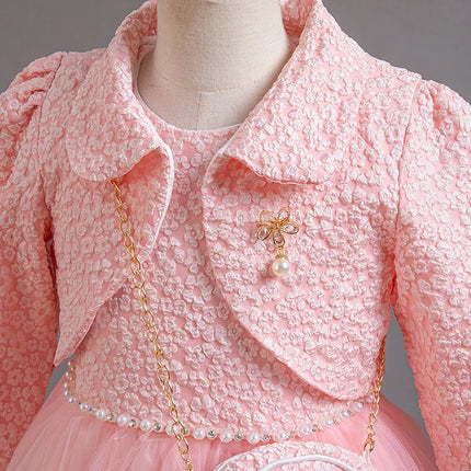 Spring Flower Girl Elegant Dresses for Wedding Girls’ Formal Dress with Bag 3 PC Set Long Sleeve Kids' Clothes 3 to 12 Years