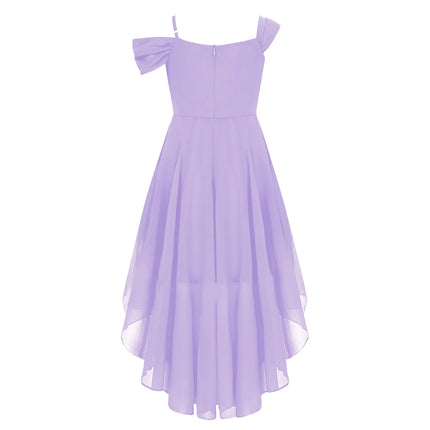 Children Girls Elegant Party Dress Off-shoulder Ruffled Chiffon Hi-low Applique Princess Gown for Birthday Wedding Evening Prom