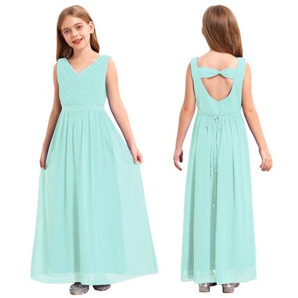 Kids Girls Wedding Bridesmaid Dress Spaghetti Strap Elegant Chiffon Maxi Party Dresses with Faux Pearls Belt for Banquet Pageant