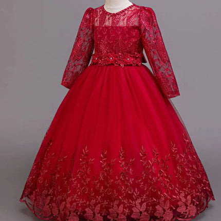 Embroidery Girl Party Dress for Wedding Long Sleeve Children Girls' Red Clothes Kids Elegant Evening Dresses 4-12Y