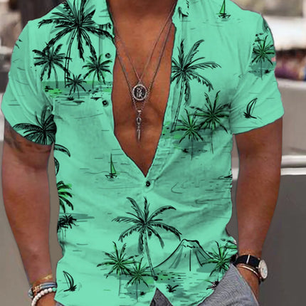 Men's Full Size Tropical Print Short Sleeve Button-Down Shirt Plus Size