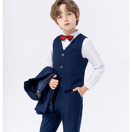 Boys Navy Blue Suit For Wedding Teenager Kids Formal Ceremony Tuxedo Dress Children Photograph Blazer Party Performance Costume