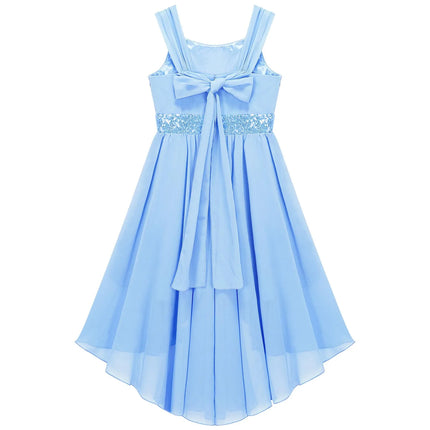 Kids Girls Sequins Ruched Party Birthday Wedding Bridesmaid Dress Sleeveless High-low Hem Summer Chiffon Princess Dress