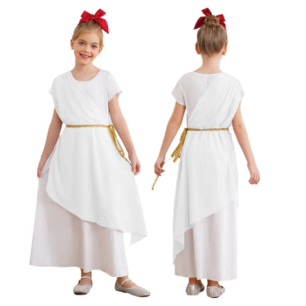 Kids Girls Ancient Greek Toga Costume Halloween Party Roman Goddesses Princess Cosplay Fancy Dress Tulle Church Robe with Belt