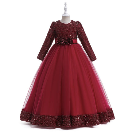 Long Sleeve Sequin Bridesmaid Girls Dresses Elegant Tulle Flower Wedding Princess Kids Party Dress for Girl Bow Chrismas Costume