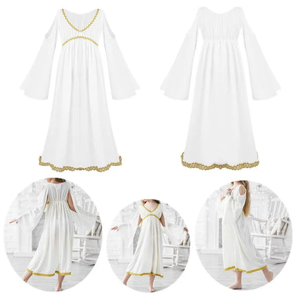 Sweet Girls Angel Costume Outfits Kids White Fancy Princess Church Robes Angel Dress+Feather Wings+Headband Dress Up 3Pcs Set