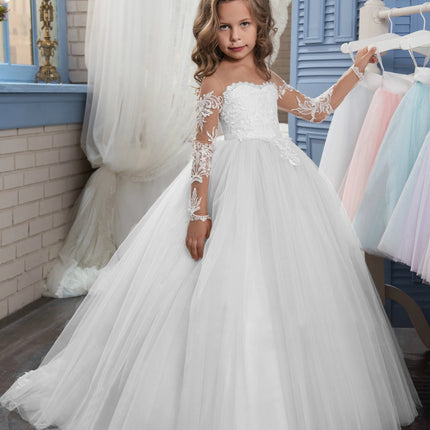 Girls White Lace Long Sleeve Flower Girl Dress with Train Kids Luxury Tulle Ball Gown for Wedding Birthday Pageant
