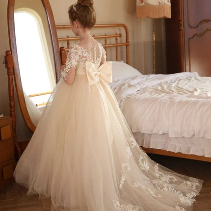 Elegant Wedding Flower Girl Dress, Long Sleeve Lace Tulle Tutu Dress, Formal Children's Wedding Party Dress, Communion Ceremony