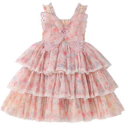 Summer Kids Girl Multi-Layered Ruffle Dress with Butterfly for Baby Princess Tiered Cake Dresses Child Cute Wedding Party Outfit