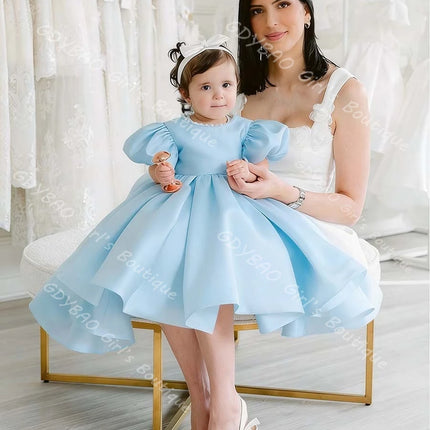 Baby Girls Baptism Dress Newborns Pearl Neck Puff Sleeves Christening Dress with Bow Custom Wedding Party Gowns for Flower Girls