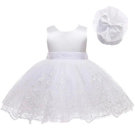 Kids Lace V Back Princess Dress Headwear Cute Baby Girls 1 Year Birthday Party Newborns Wedding Formal Baptism Tutu Vestidos
