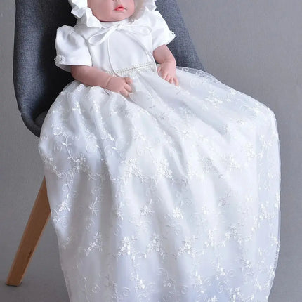 Birthday Baby Girl Gowns Embroidery Long Dresses Elegant Christening Dresses for Girls with Hat 0-24M