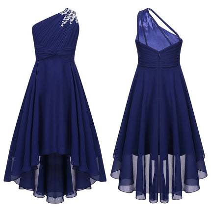Kids Girls Sequins Ruched Party Birthday Wedding Bridesmaid Dress Sleeveless High-low Hem Summer Chiffon Princess Dress
