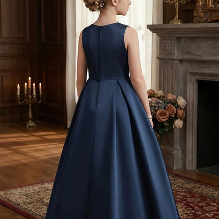 Teen Girl Wedding Party Dress Long Evening Gown Dark Blue High-Class Satin with Irregular Skirt Flare,Formal Occasions,Banquets