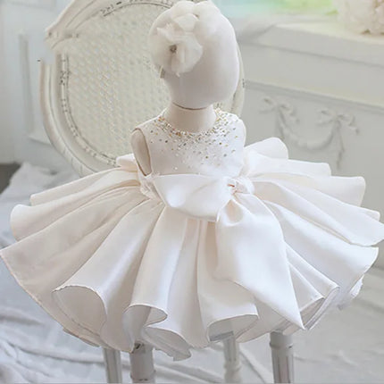 HETISO Elegant Baby Girls Birthday Dress Beading Formal Wedding Party Gown for Children Tutu Fashion Sleeveless Silk Clothes