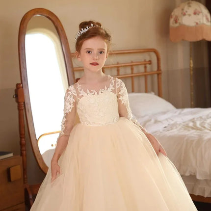 Elegant Wedding Flower Girl Dress, Long Sleeve Lace Tulle Tutu Dress, Formal Children's Wedding Party Dress, Communion Ceremony