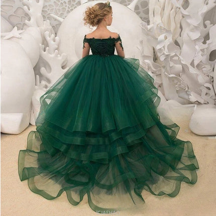 Party Dress New Lace Court Princess Costume Kids LongPerformance Ball Gown with Train Dresses Sleeve Flower Girl Wedding Gown