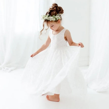 Girls Fashion Open Back Princess Dress 3-12 Years Old New Mesh Lace Long Dress Birthday Wedding Flower Girl Performance Clothing