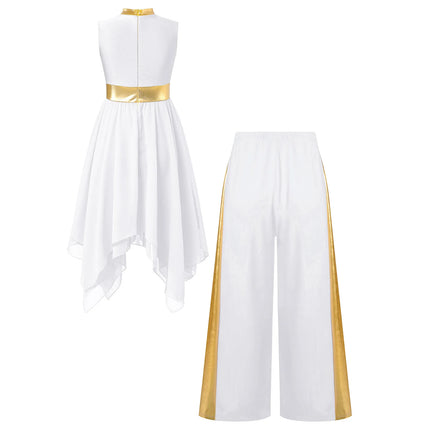 Kids Girls Liturgical Praise Dance Sets Metallic Patchwork Sleeveless Asymmetrical Hem Lyrical Church Dress with Wide-Leg Pants