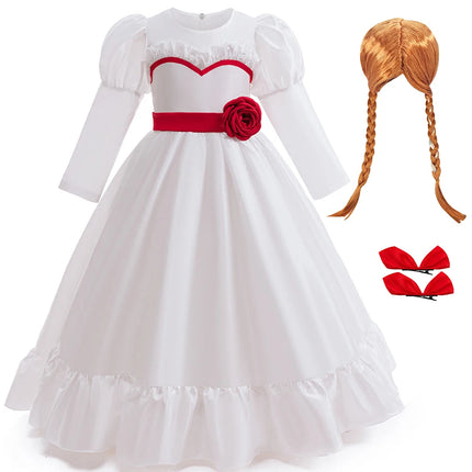Horror Movie Annabelle Cosplay Costume Girl Long Sleeve Rose Dress For Kid Scary Ghost Role Play Halloween Carnival Party Outfit