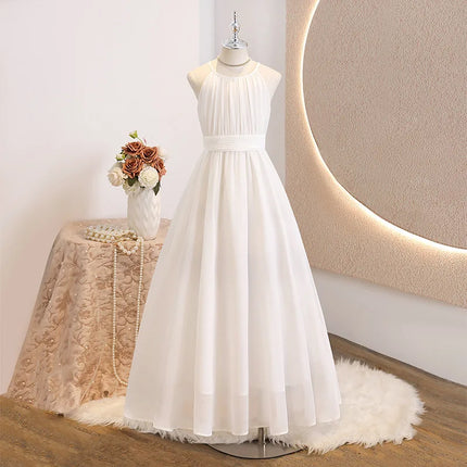 Tween Girls White Dress Elegant Halter Neck Chiffon Maxi Dress Junior Bridesmaid Formal Wedding Party Dresses for Kids 8-12 Teen