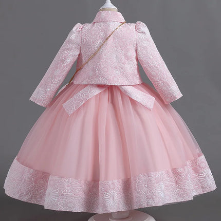 2024 New Girls' Gowns Puffy Yarn Princess Dress Three Piece Set High end Long Sleeve Birthday Wedding Dress