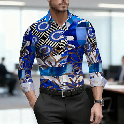 Men's shirt, personalized contrasting color abstract printed shirt, trendy artistic style, long sleeved lapel shirt, casual top