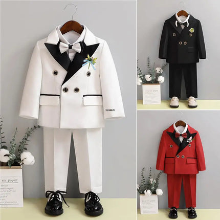 Children White Wedding Suit Boys Girls1 Year Birthday Dress Costume Kids Jacket Pants Bowtie Photograph Suit Flower Tuxedo Dress