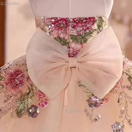 Elegant Embroidered Floral Dress Children Strapless Sash Bow Sleeveless Wedding Festival Party Ball Gown Girls Formal Costume
