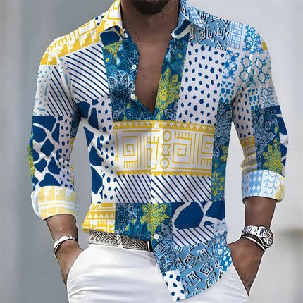 Men's Light Luxury Style Color Block Print Long-Sleeve Shirt, Business Casual Versatile Lapel Loose Fit Fashion Shirt
