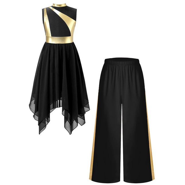 Kids Girls Liturgical Praise Dance Sets Metallic Patchwork Sleeveless Asymmetrical Hem Lyrical Church Dress with Wide-Leg Pants