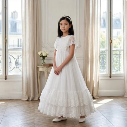 White Lace First Communion Dress Tiered Ruffle Hem Floor Length Tulle Flower Girl Dress Kids Church Baptism Wedding Birthday
