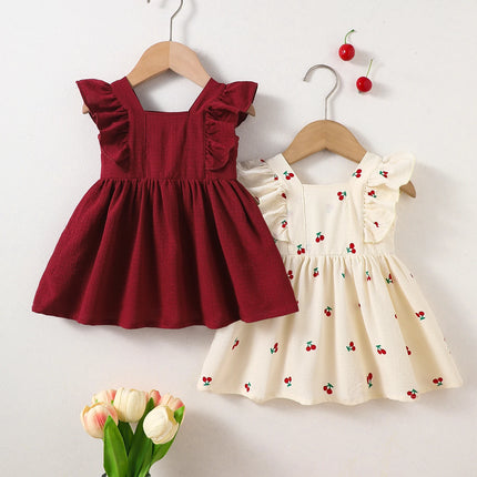 two-Piece Set: New Summer Arrivals for Baby Girls—Apricot and Red Ruffled Sleeveless Dresses with Adorable Cherry Prints.
