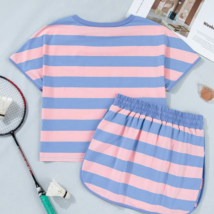 Pink Stripe Dolman Tee Drawstring Skort Athletic 2pcs Set