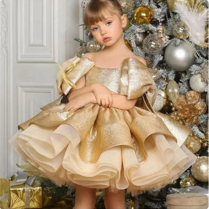 Light Luxury Gold Evening Princess Ball Gown Children Cute Bow Design Birthday Wedding Party Dress y1654