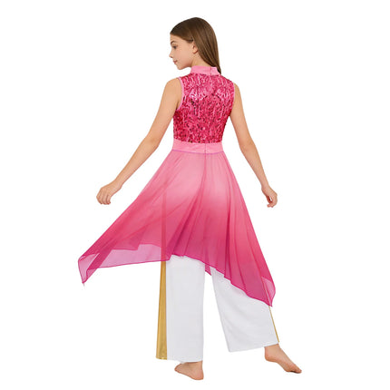 Kids Girls Praise Liturgical Church Worship Dance Outfit Sequins Chiffon Tunic Dress+Pants Choir Lyrical Contemporary Dancewear