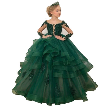Party Dress New Lace Court Princess Costume Kids LongPerformance Ball Gown with Train Dresses Sleeve Flower Girl Wedding Gown