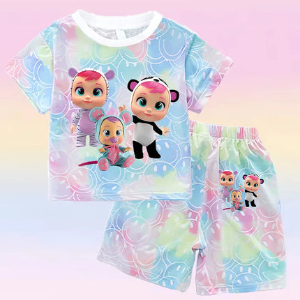Crying Babies T-shirt Set Children Summer Clothing Girl Cartoon Anime Short Sleeve Sets Leisure Kawaii Clothes Kid Cute Tee Gift