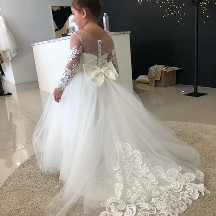 BABYONLINE Flower Girl Dresses For Weddings Long Sleeve Lace Tulle Bow Back Children's Elegant Dress vestidos para niñas