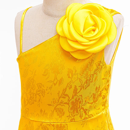 Summer Yellow One-Shoulder Princess Dress With Rose Print Pattern Flower Girls Wedding Party Costume Kids Cosplay Judy Ball Gown
