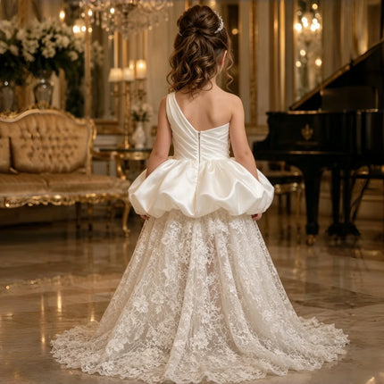 Satin Lace Flower Girl Train Dress OneShoulder Ruched Bubble Puff Skirt Kids Luxury Modest Church Communion Formal Princess Gown