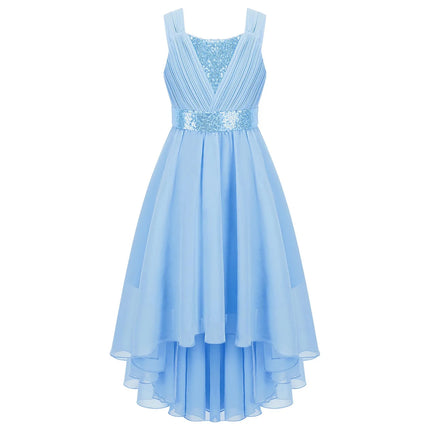 Children Flower Girls Dress Sleeveless Sequin Hi-low Hem Prom Gown Elegant Chiffon Princess Birthday Formal Wedding Party Dress