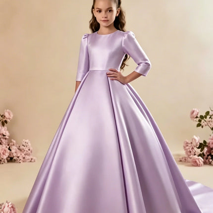 Custom Girls First Communion Dress 2025 New Long Sleeve Matte Satin A-Line Tail Evening Gown Girls Wedding Party Princess Dress