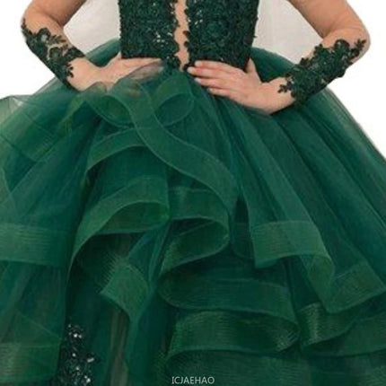 Party Dress New Lace Court Princess Costume Kids LongPerformance Ball Gown with Train Dresses Sleeve Flower Girl Wedding Gown