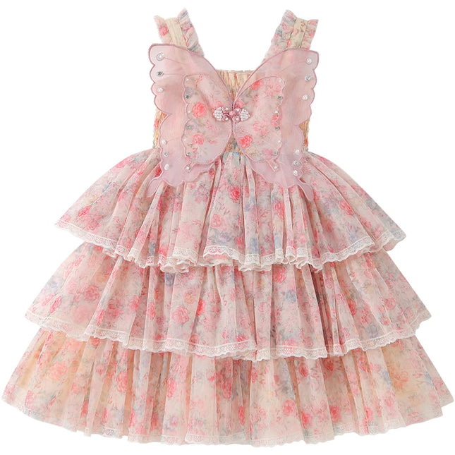 Summer Kids Girl Multi-Layered Ruffle Dress with Butterfly for Baby Princess Tiered Cake Dresses Child Cute Wedding Party Outfit