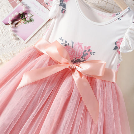 Toddler Girls Floral Print Fly Sleeve Princess Dress Pink Sash Bow Tulle Tutu Dress Kids Summer Birthday Party Casual Wedding Pa