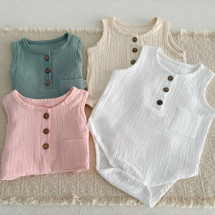 3M-3Y Summer Casual Infant Bodysuit Gauze Solid Color Sleeveless Romper for Baby Girls Boys Soft Cotton Breathable Jumpsuit