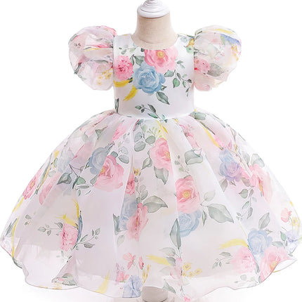 Fashion Flower Printed Party Girls Dresses Christmas Costume White Wedding Birthday Princess Prom Dress for Girl Bridesmaid Gown