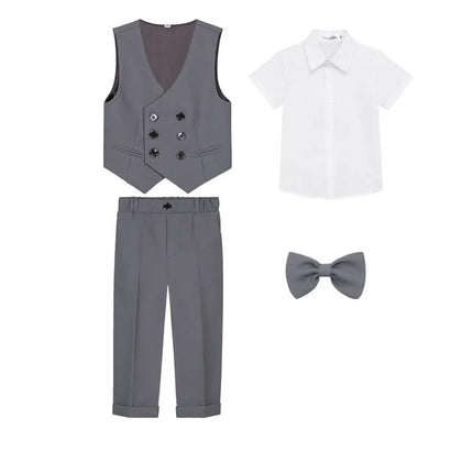 Teenager Kids Beige WaistCoat Shirt Pants Bowtie Tuxedo Dress Boys Vest Suit For Wedding Children Host Photograph Party Costume